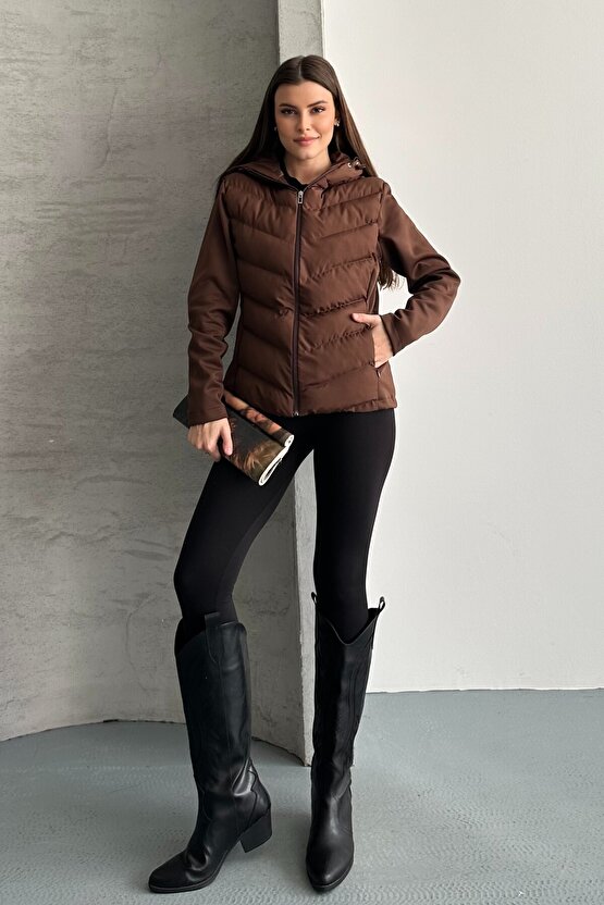 Kadın Kahverengi Kapüşonlu Termal Şişme Mont - Yeni Sezon Range Rover Mom ZR Stil Mont