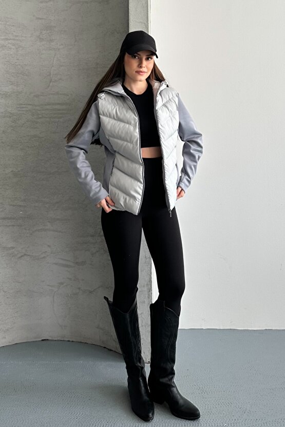 Kadın Kapüşonlu Şişme Mont - Su Geçirmez Basic Günlük Kontrast Gri Ceket