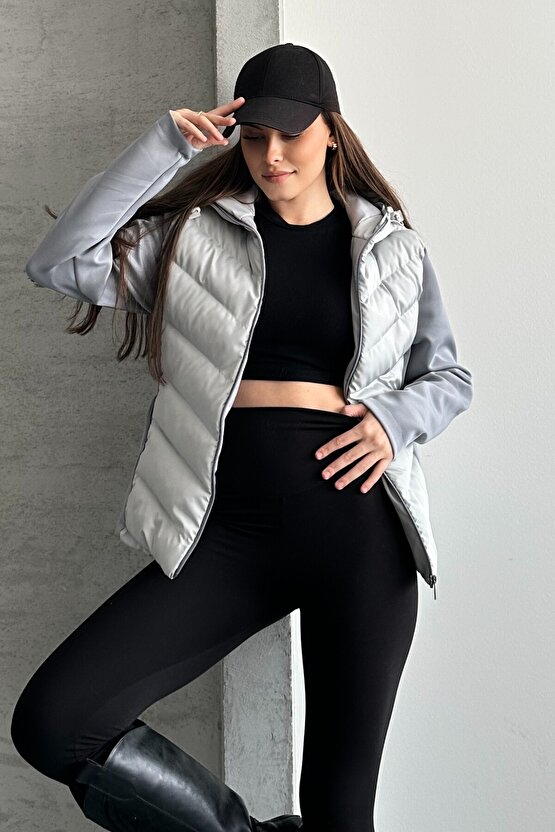 Kadın Kapüşonlu Şişme Mont - Su Geçirmez Basic Günlük Kontrast Gri Ceket