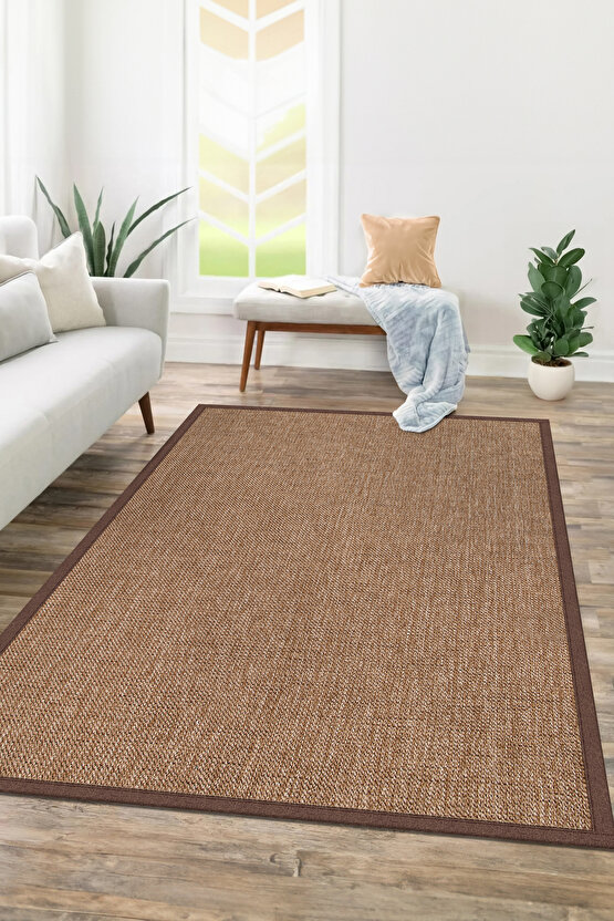 0604-Kahve Kumaş Bordür Sisal Jut Halı Kilim Hav Toz Vermez Kolay Temizlenen Hasır Kilim