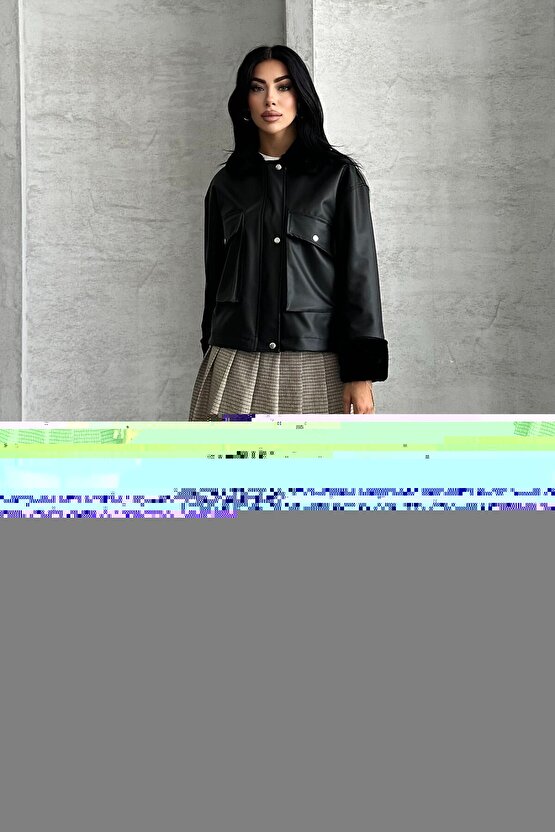 Kadın Suni Deri İçi Kürklü Oversize Bomber Ceket – Kışlık Peluş Detaylı Deri Mont