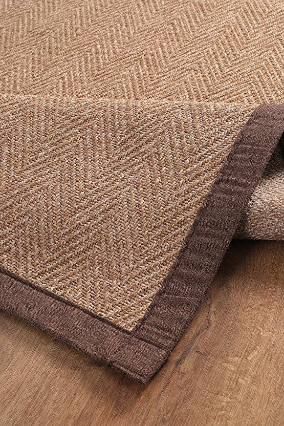 0503-Kahve Kumaş Bordür Sisal Halı Kilim Hav Toz Vermez Kolay Temizlenen Hasır Kilim