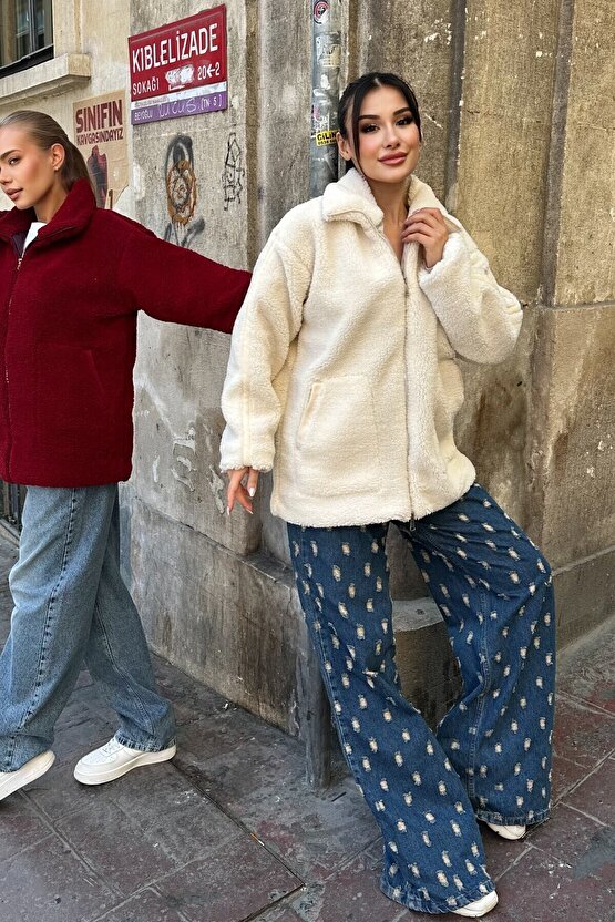 Bej Dik Yakalı Cepli Kadın Peluş Mont