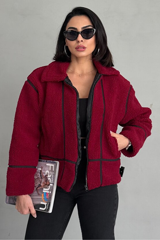 Şerit Detaylı Peluş Mont