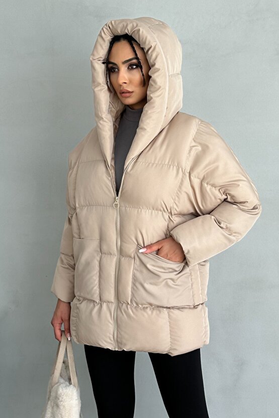 Puffer Yarasa Şişme Bej Oversize Mont