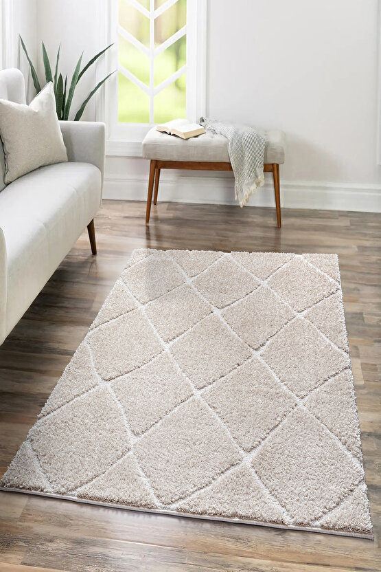 B109 Bej Kolay Kullanım Hav Toz Vermez Yumuşak Dokulu Uzun Tüylü Modern Shaggy Halı