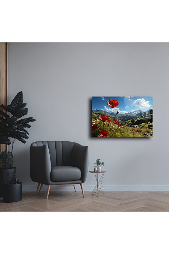Kırmızı Gelincikli Dağ Manzarası Cam Tablo