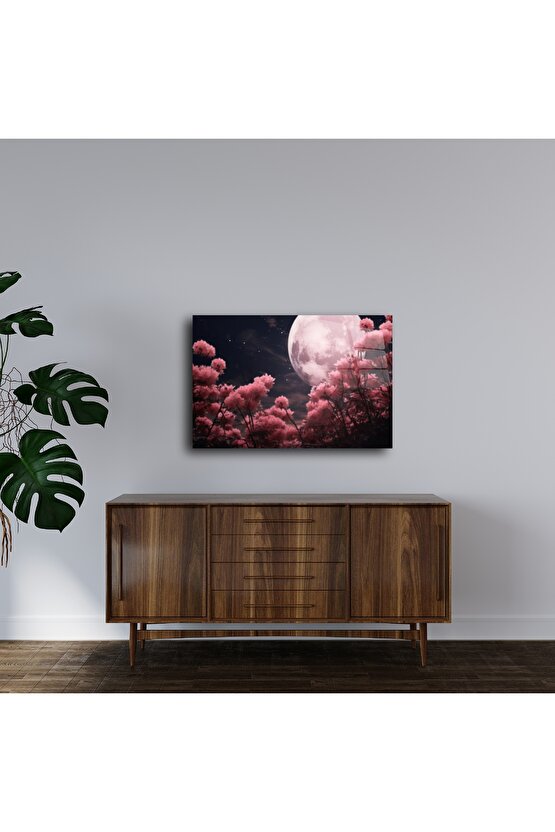 Cam Tablo Ay ve Çiçekli Gece Manzarası