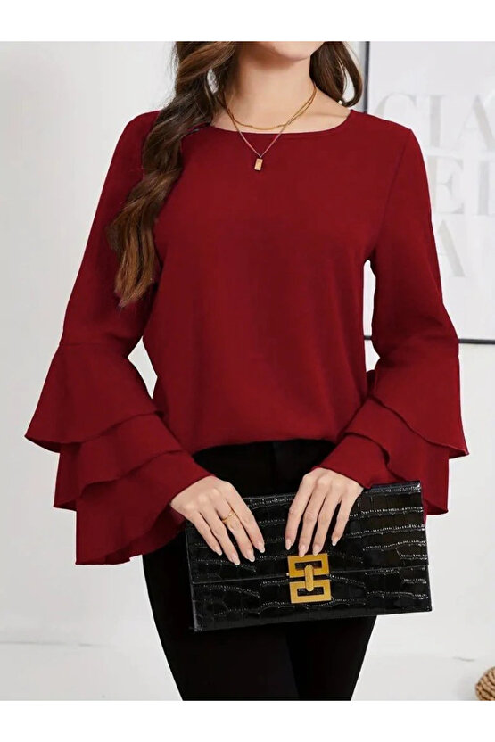 Kadın Uzun Kollu Bisiklet Yaka Kollar İspanyol Volanlı Sandy Bluz