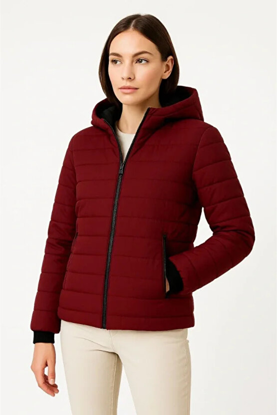 Şişme Kapüşonlu Fermuarlı Mont Su Itici Kapitone Astarlı Kumaş Cepli Kışlık Rahat Kalıp - Bordo