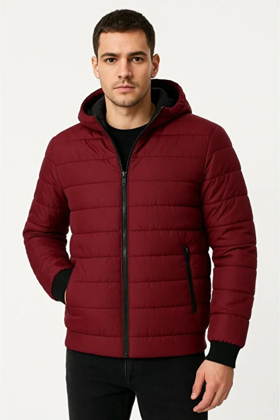 Erkek Şişme Kapüşonlu Fermuarlı Mont Su Itici Kapitone Astarlı Kumaş Cepli Kışlık Rahat Kalıp - Bord