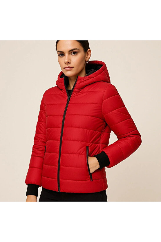 Kadın Şişme Kapüşonlu Fermuarlı Mont Su itici Kapitone Astarlı Kumaş Cepli Kışlık Rahat Kalıp - Kırm