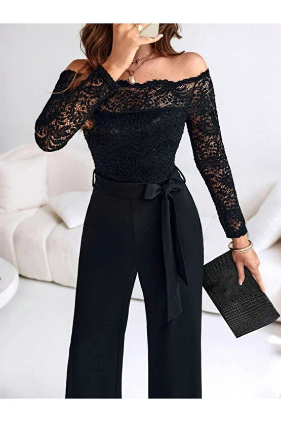 Kadın Uzun Kollu Madonna Yaka Dantelli Yandan Bağlamalı Ithal Krep Tulum