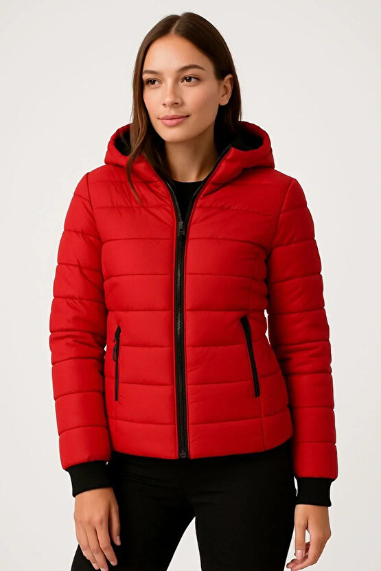 Kadın Şişme Kapüşonlu Fermuarlı Mont Su itici Kapitone Astarlı Kumaş Cepli Kışlık Rahat Kalıp - Kırm