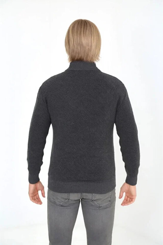 Erkek Fermuarlı Triko Hırka Yüksek Yaka, Cepli, Günlük Şık Rahat Kalıp Triko - Gri