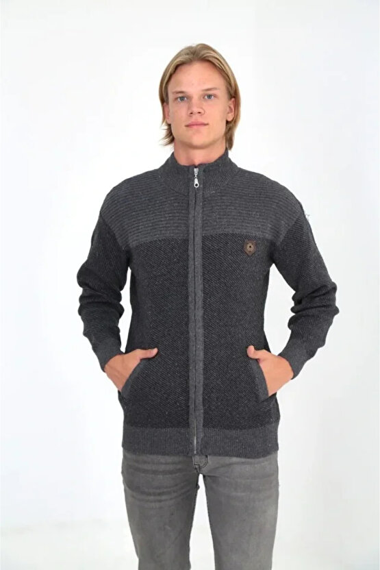 Erkek Fermuarlı Triko Hırka Yüksek Yaka, Cepli, Günlük Şık Rahat Kalıp Triko - Gri