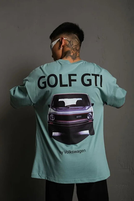Erkek Oversize Baskılı Tişört – Golf GTI Retro Araba Desenli, Ön - Arka Dijital Baskı, Sokak Modası