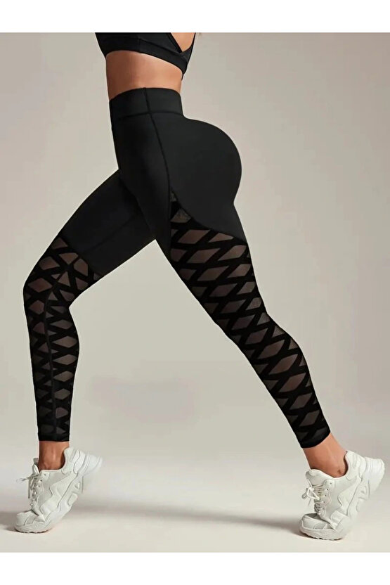 Kadın Yüksek Bel çapraz Desen Tül Detaylı Spor Dalgıç Tayt