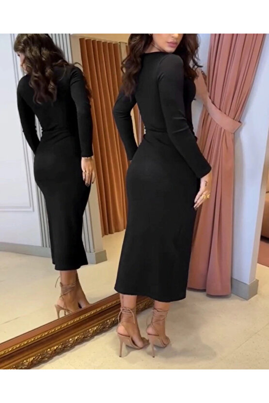 Kadın Uzun Kollu Kruvaze Yaka Yandan Toka Detaylı önden çapraz Detaylı Ottoman Elbise