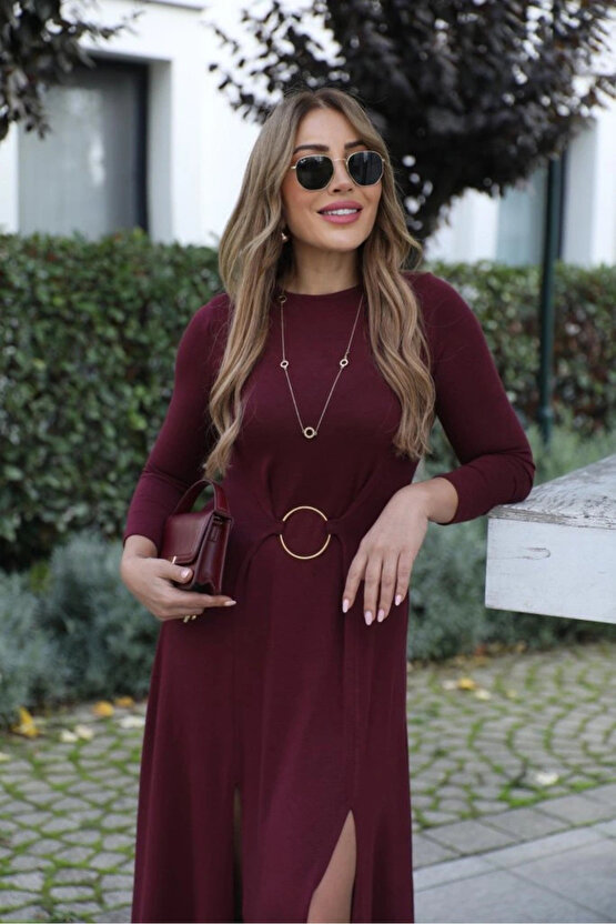 Kadın Uzun Kollu Bisiklet Yaka önden Halka Detaylı Yırtmaçlı Uzun Viskon Iki Iplik Elbise