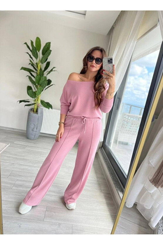 Kadın Uzun Kollu Tek Omuzdan Açık Dalgıç Bluz Ve Pantolon Ikili Takım