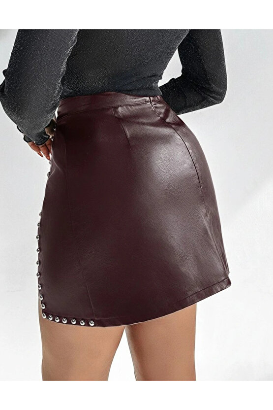 Kadın Yüksek Belli Yandan çivili Mini Deri Etek