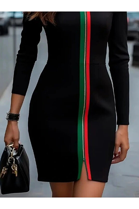 Kadın Uzun Kollu önden Tam Boy Fermuarlı Renkli şerit Detaylı Viskon Iki Iplik Mini Elbise