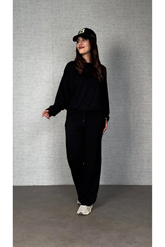 Kadın Uzun Kollu Bisiklet Yaka Viskon Iki Iplik Bluz Ve Pantolon Ikili Takım