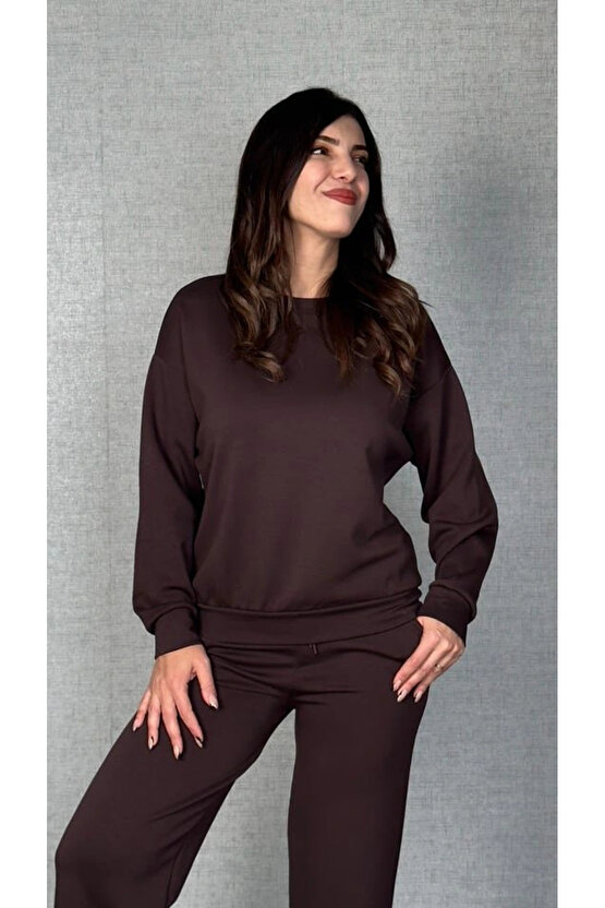 Kadın Uzun Kollu Bisiklet Yaka Viskon Iki Iplik Bluz Ve Pantolon Ikili Takım