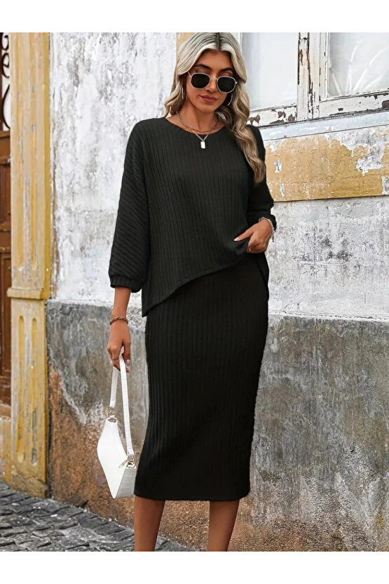 Kadın Uzun Kollu Yuvarlak Yakalı şardonlu Kaşkorse Bluz Ve Etek Ikili Takım