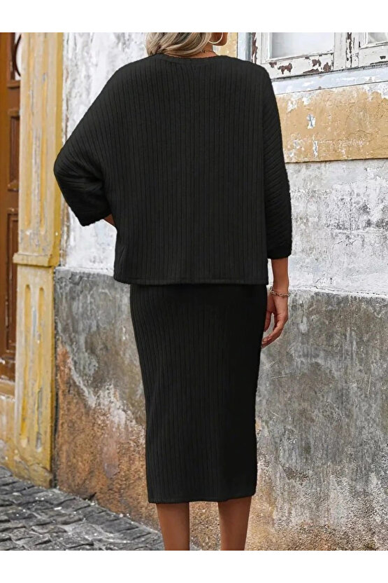 Kadın Uzun Kollu Yuvarlak Yakalı şardonlu Kaşkorse Bluz Ve Etek Ikili Takım