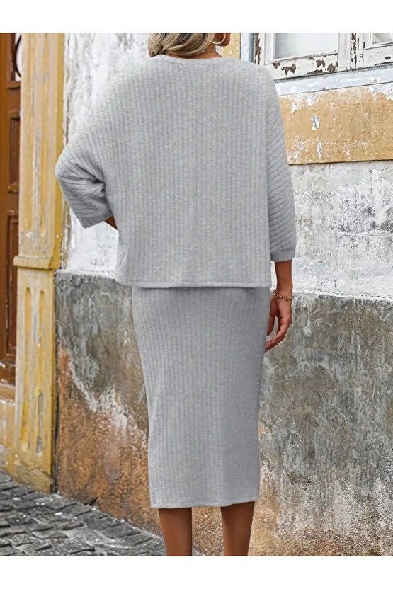 Kadın Uzun Kollu Yuvarlak Yakalı şardonlu Kaşkorse Bluz Ve Etek Ikili Takım