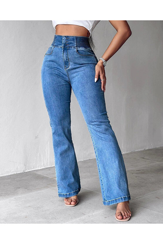 Kadın Yüksek Bel Yanları Lastik önü Düğmeli Kot Pantolon