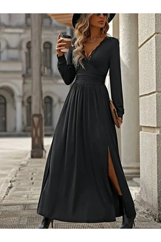 Kadın Uzun Kollu V Dantel Yakalı Yırtmaçlı Uzun Sandy Elbise