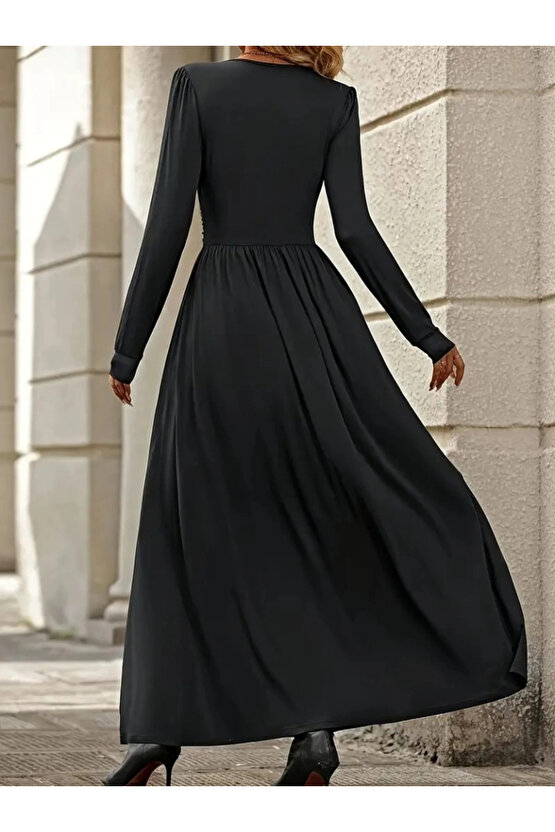 Kadın Uzun Kollu V Dantel Yakalı Yırtmaçlı Uzun Sandy Elbise