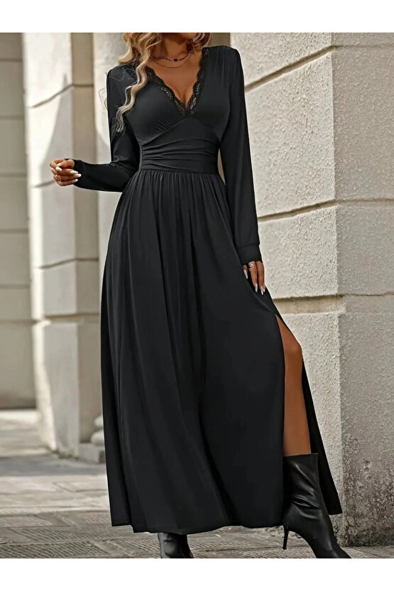 Kadın Uzun Kollu V Dantel Yakalı Yırtmaçlı Uzun Sandy Elbise