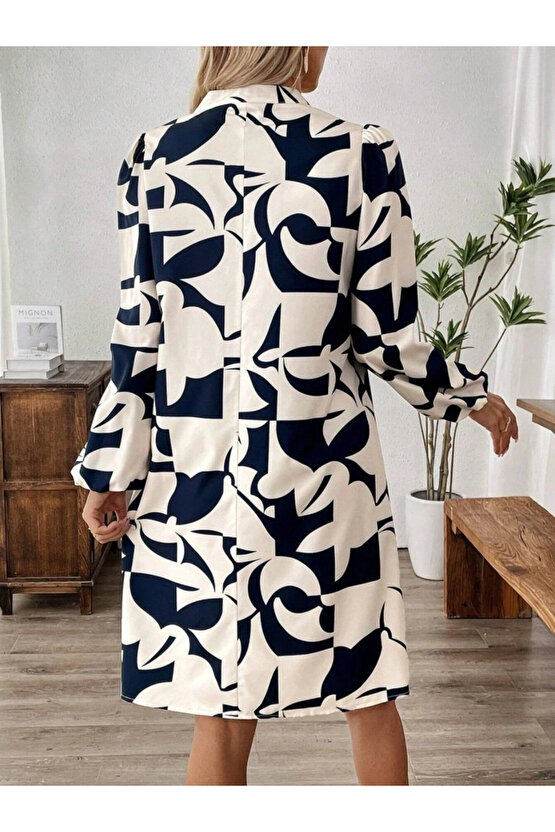 Kadın Uzun Kollu V Yakalı Desenli Modal Mini Elbise