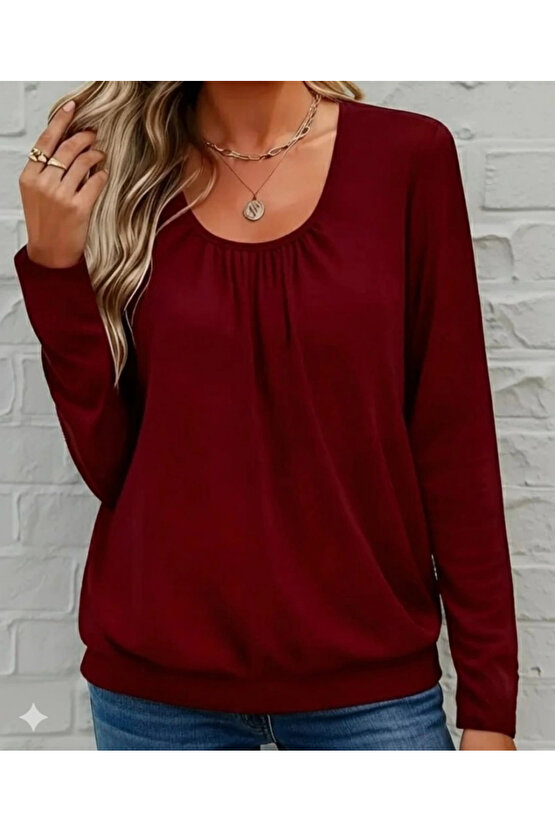Kadın Uzun Kollu Yuvarlak Yakalı Viskon Bluz