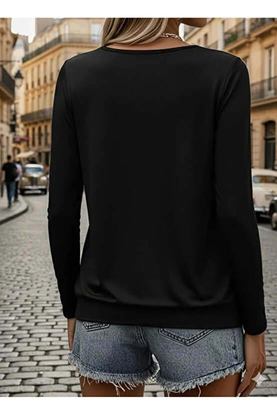 Kadın Uzun Kollu Yuvarlak Yakalı Viskon Bluz