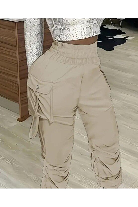 Kadın Yüksek Bel Beli Lastikli Kargo Cep Detaylı Gabardin Pantolon