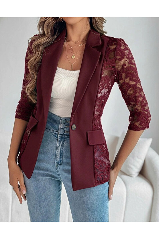 Kadın Uzun Kollu Truvakar Kol önden Düğmeli Cepli Dantelli Atlas Ceket