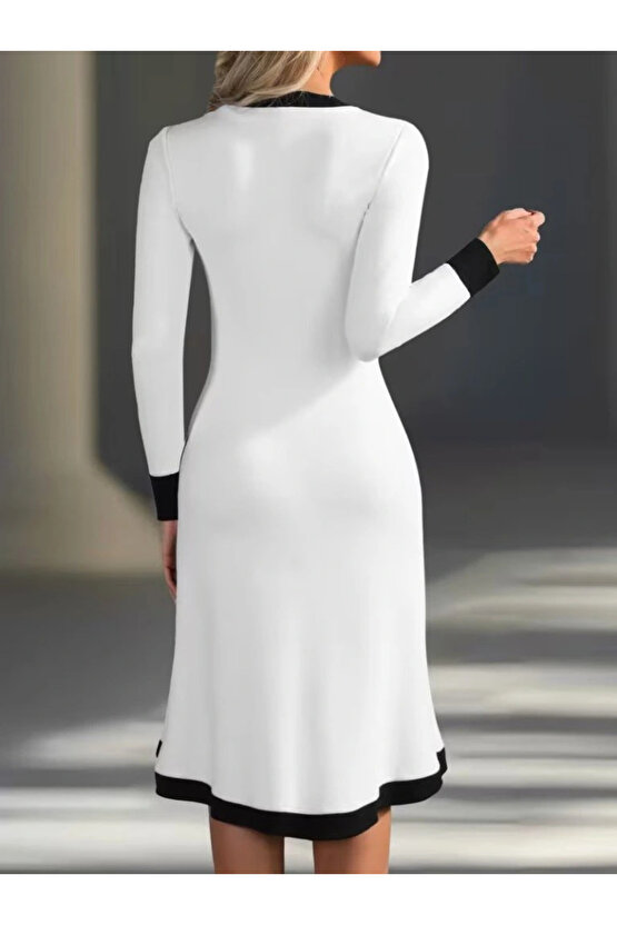 Kadın Uzun Kollu V Yakalı Düğmeli Midi Modal Elbise