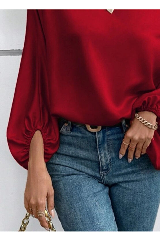 Kadın Tek Omuzu Açık Uzun Kollu Salaş Sandy Bluz