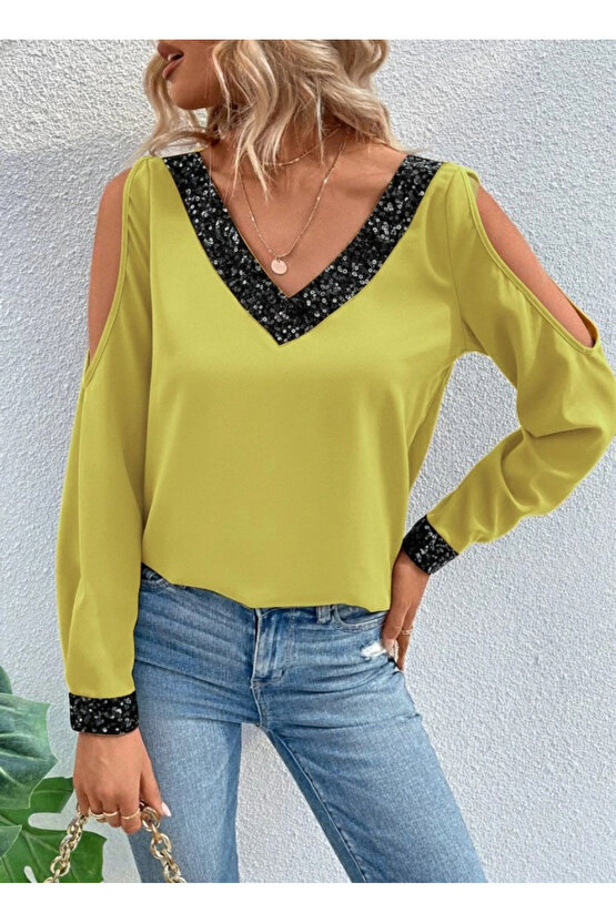 Kadın Uzun Kollu V Yakalı Omuzlardan Açık Sandy Bluz