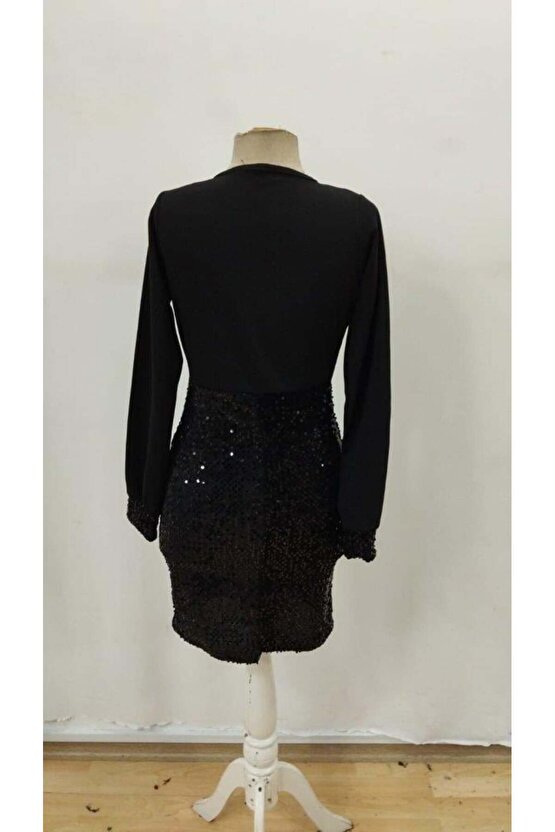 Kadın Uzun Kollu Kruvaze Yakalı üst Ithal Krep Alt Pulpayetli Mini Ithal Krep Elbise