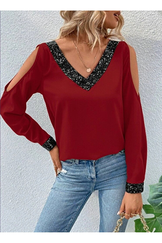 Kadın Uzun Kollu V Yakalı Omuzlardan Açık Sandy Bluz