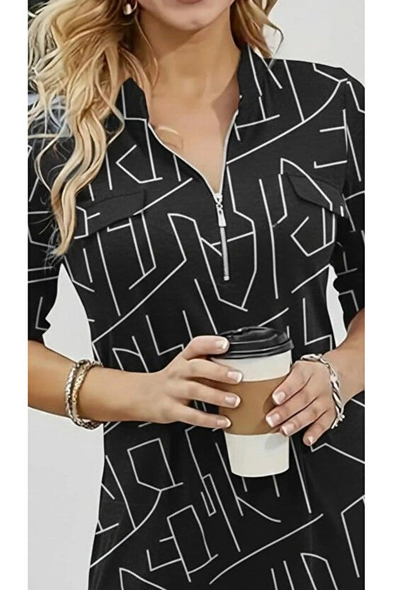 Kadın Uzun Kollu Hakim Yaka Yakadan Fermuarlı Geometrik Desenli Süprem Bluz