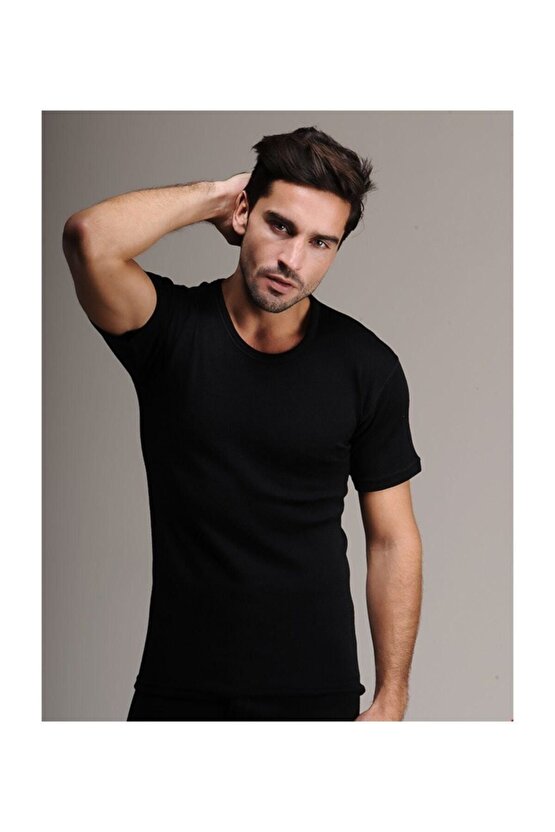 Erkek Siyah Kısa Kol % 75 Yün Bora Içlik