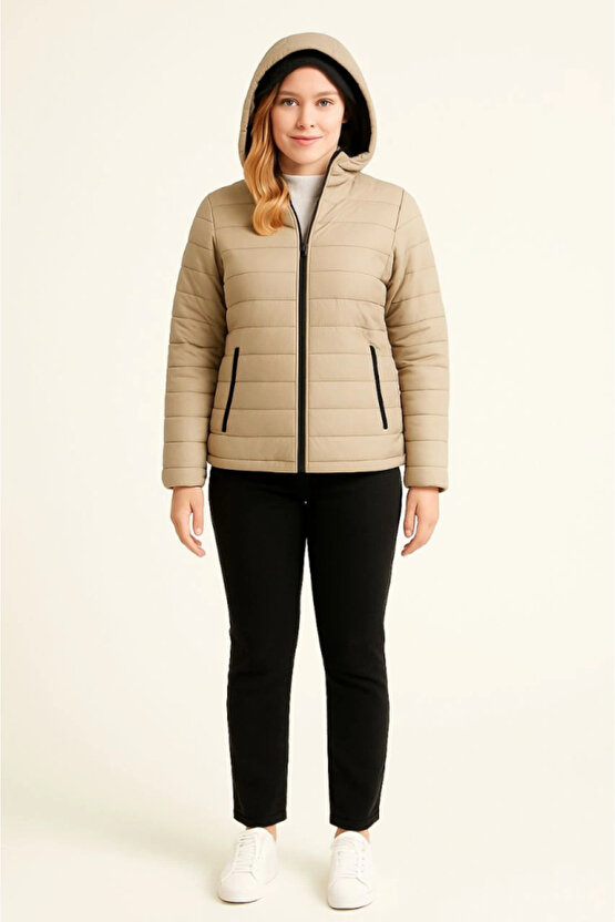 EQURİ Şişme Kapüşonlu Fermuarlı Mont Su Itici Kapitone Astarlı Kumaş Cepli Kışlık Rahat Kalıp - Bej