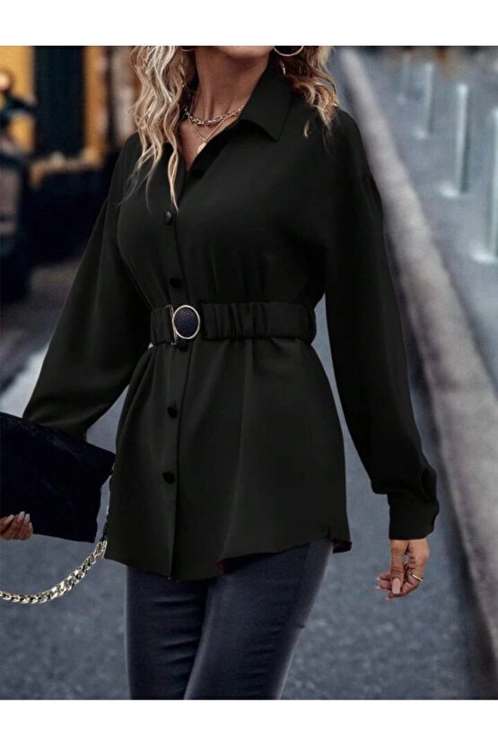 Kadın Uzun Kollu Yakalı önden Düğmeli Belden Kemerli Ithal Krep Bluz